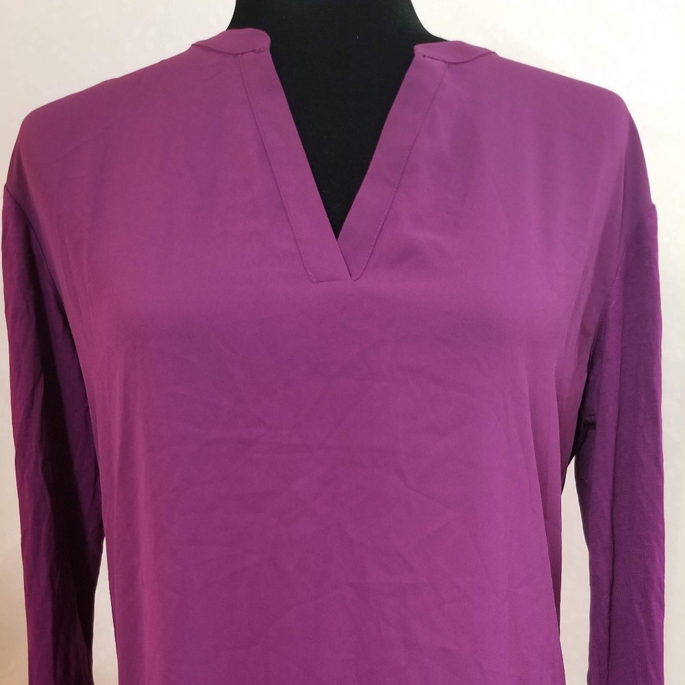 INC Purple Mixed Materials V Neck Long Sleeve Top